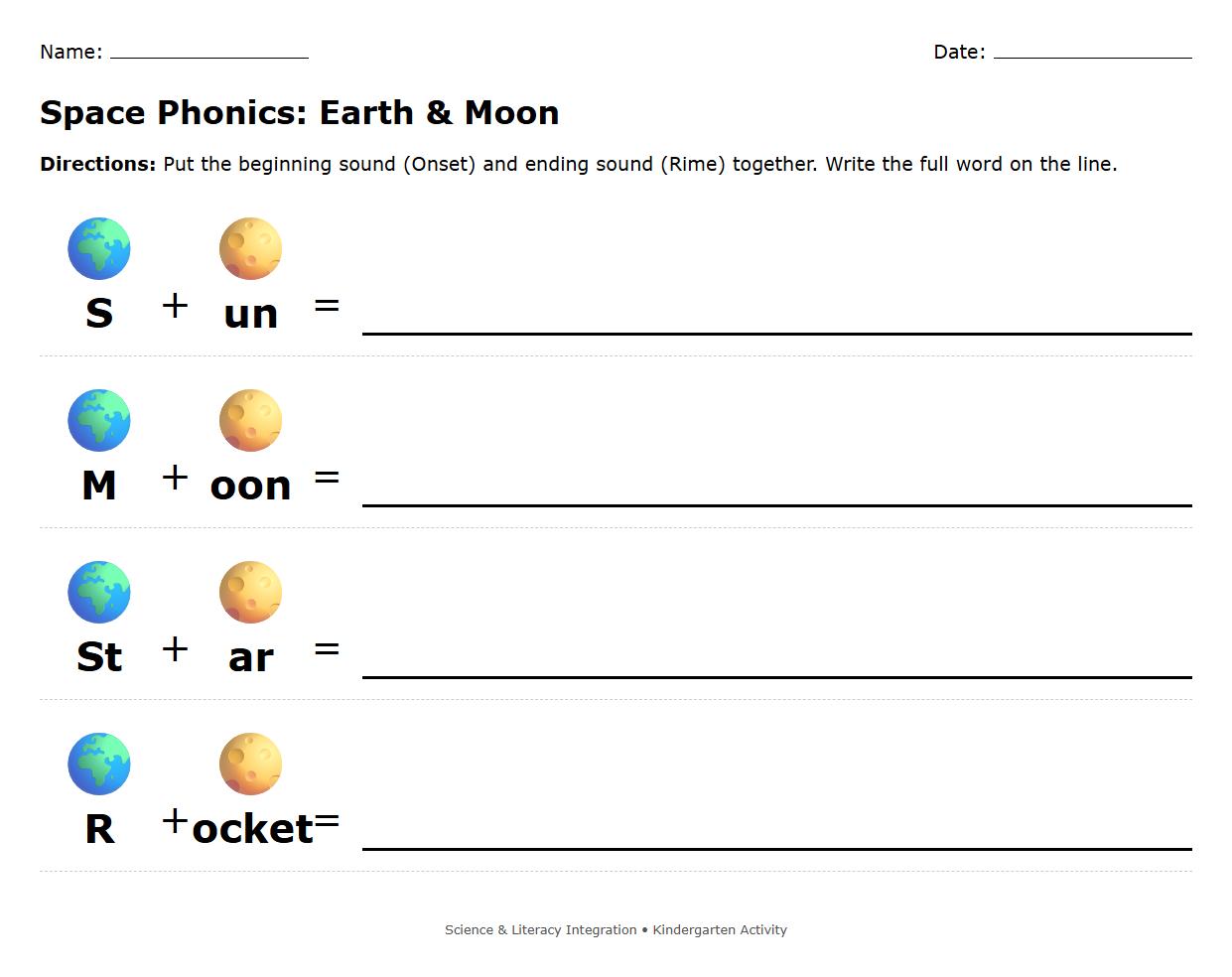 Onset and Rime Worksheet with Earth and Moon Motif