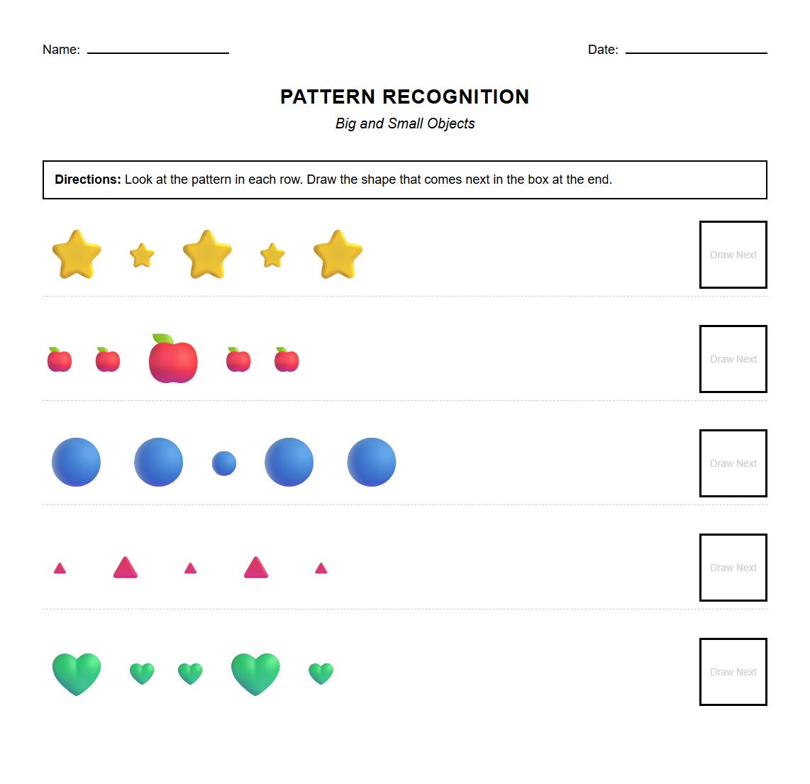 Pattern Recognition Worksheet: Complete and color patterns using big and small objects