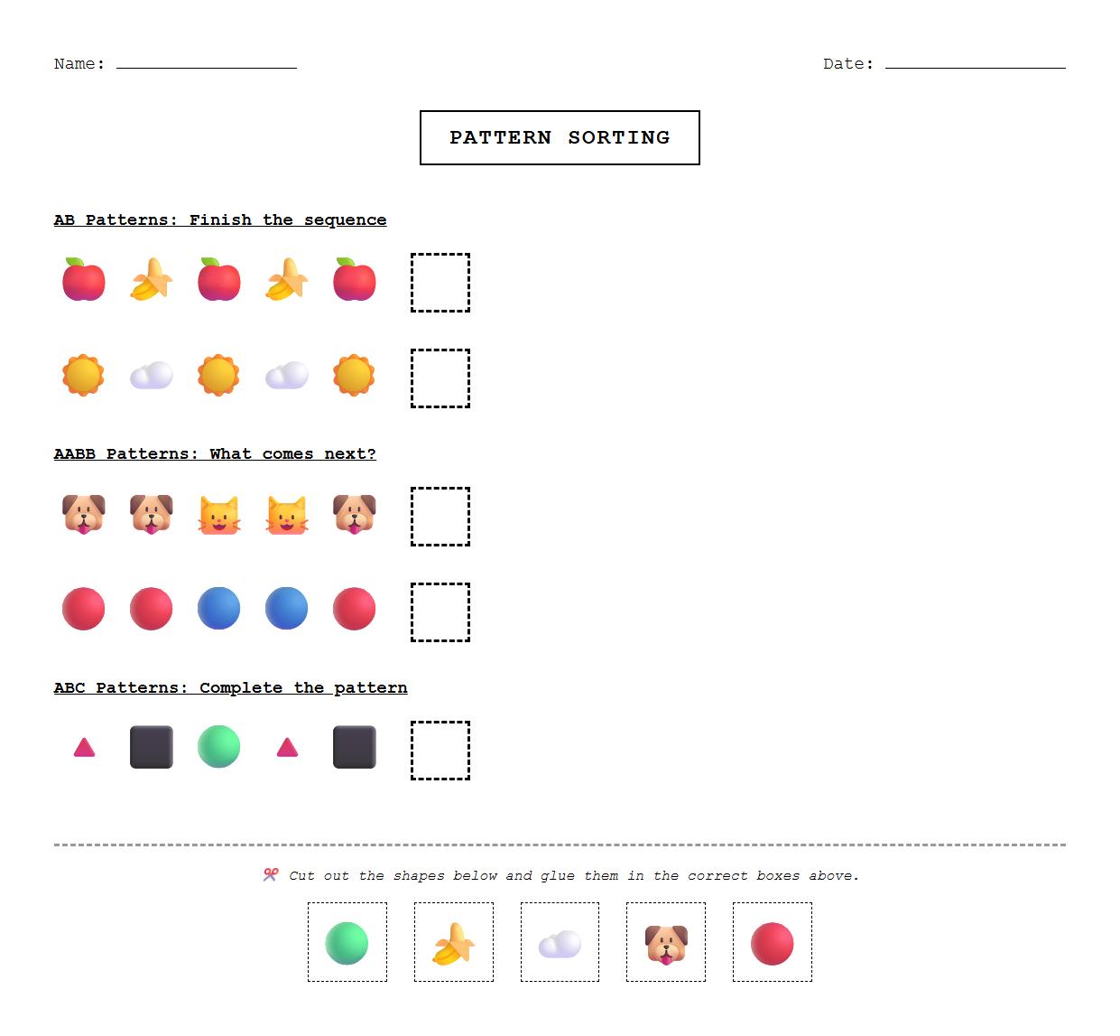 Pattern Sorting Worksheet Kindergarten Phonics AB AABB ABC