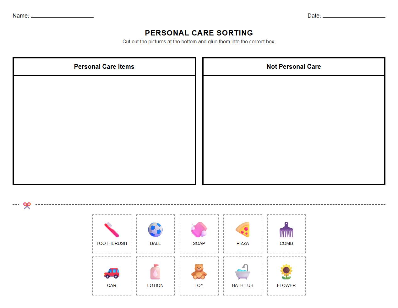 Personal Care Items Sorting Cut and Paste Activity