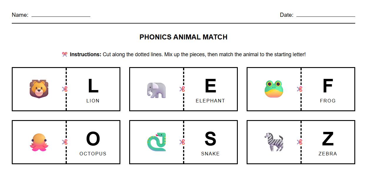 Phonics Animal Matching Puzzle Worksheet