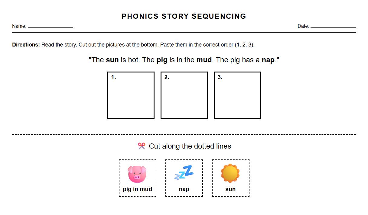 Phonics based picture sequencing worksheet