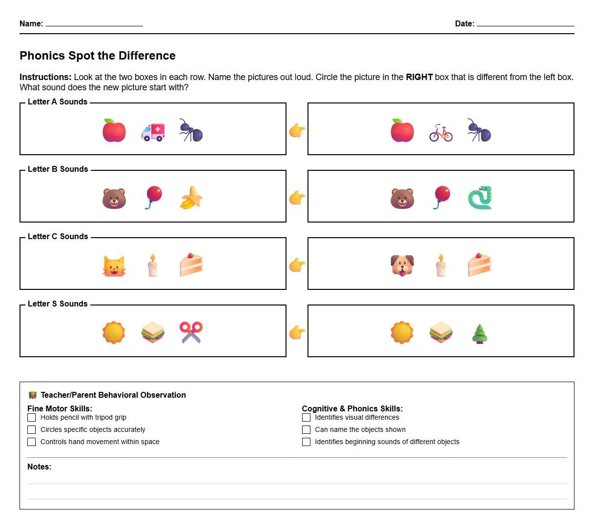 Phonics Based Spot the Difference Worksheet for Kindergarten Behavioral Observation