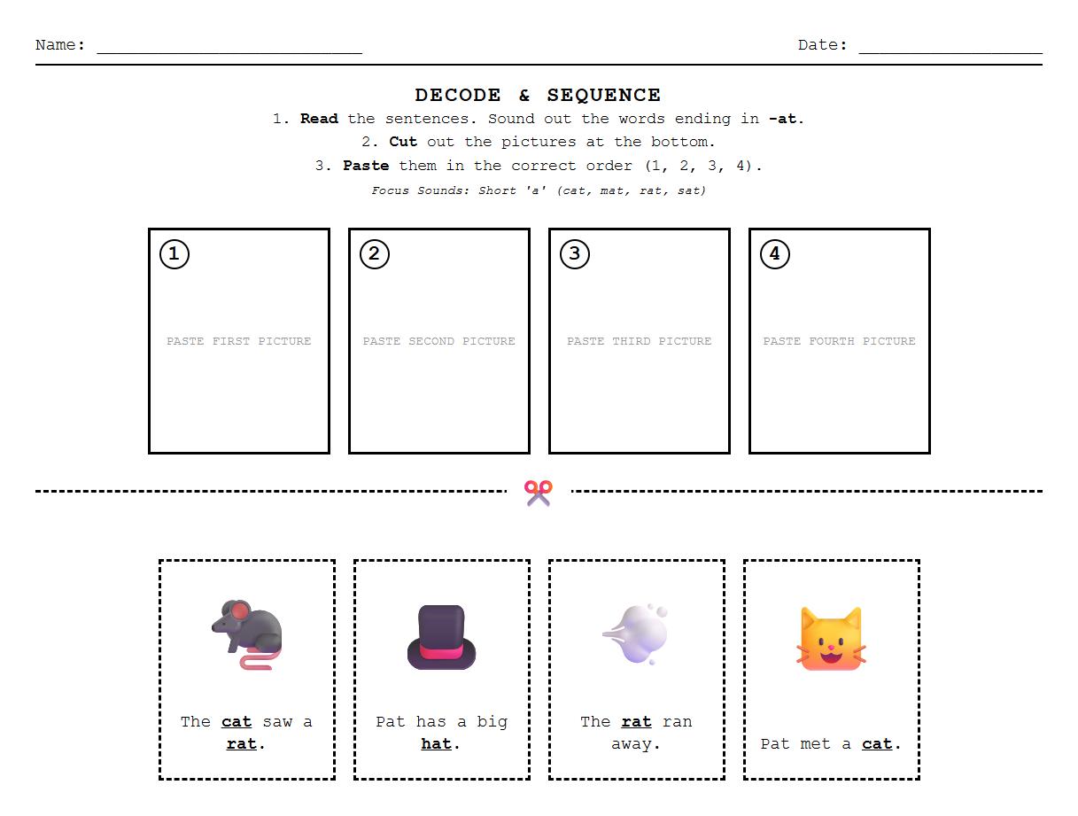 Phonics-Based Story Sequencing Worksheet Emphasizing Decoding Strategies