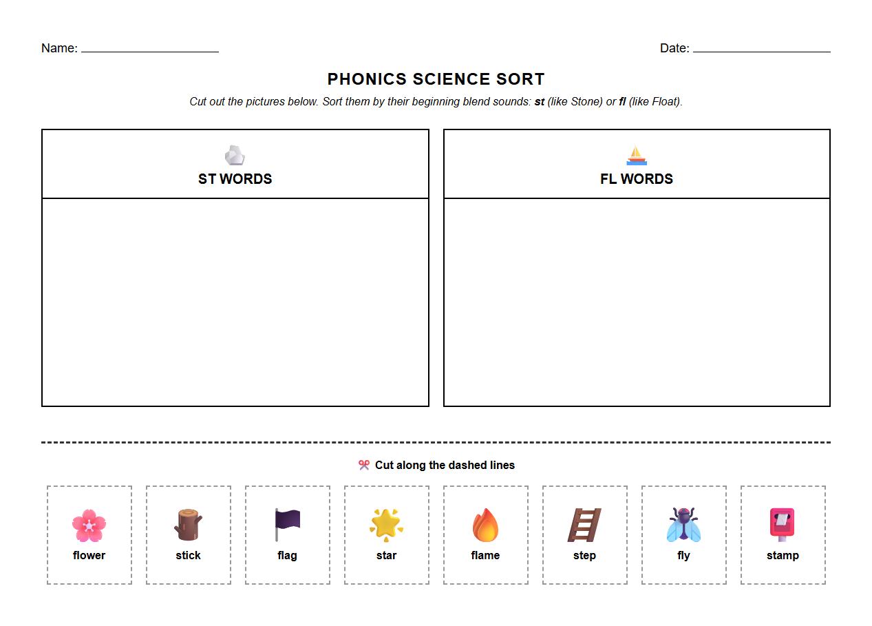 Phonics Blends Sorting with Sink or Float Objects Worksheet