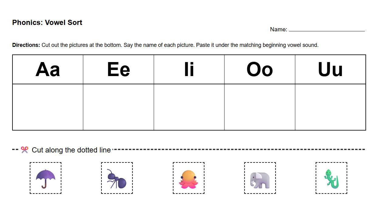 Phonics Cut and Paste Vowel Activity