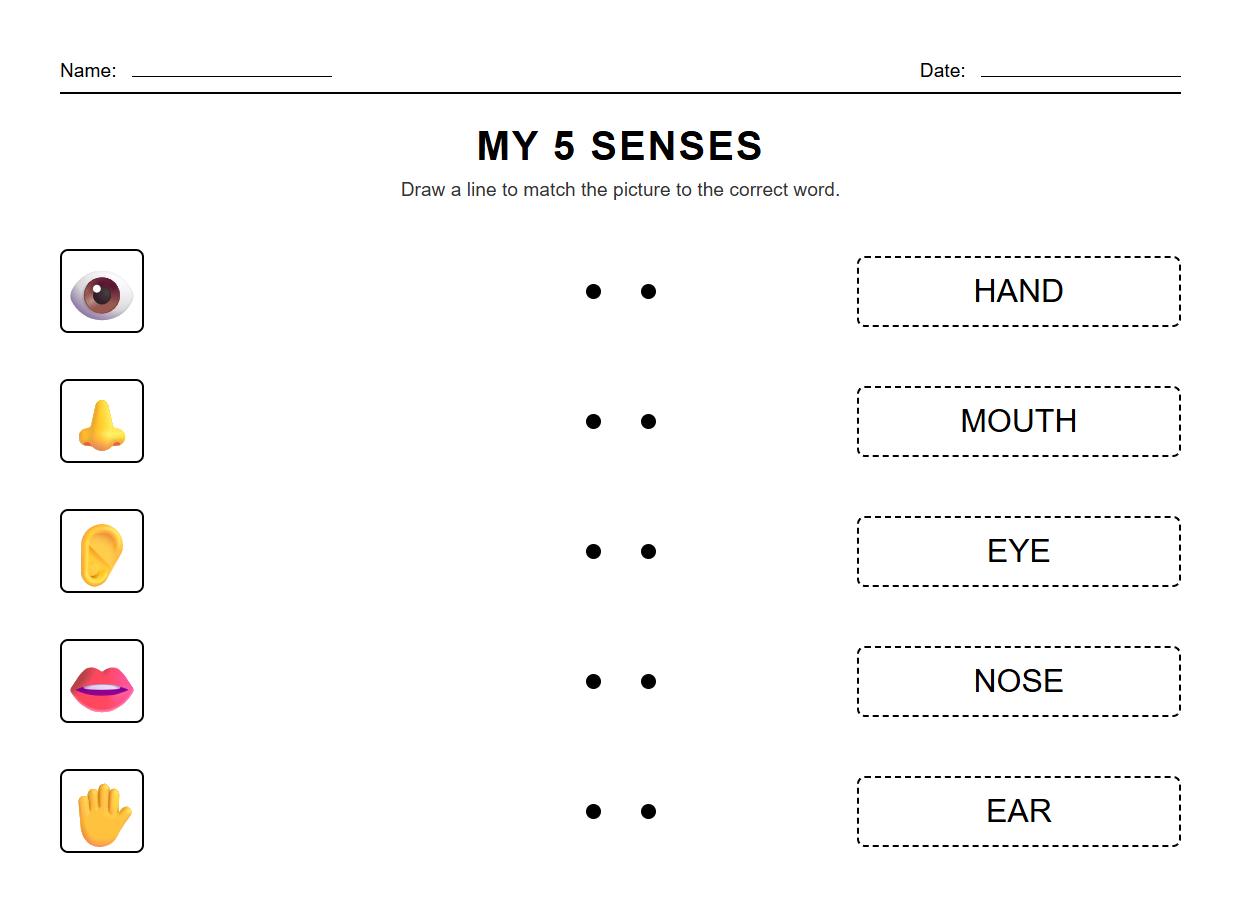 Phonics matching worksheets focusing on sense-related vocabulary