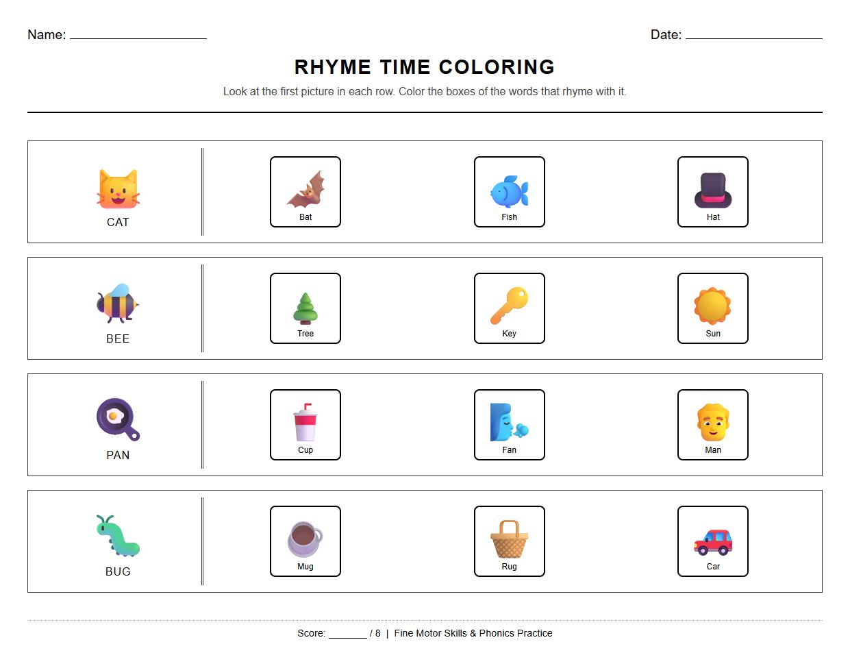 Phonics Rhyming Words Coloring Sheet