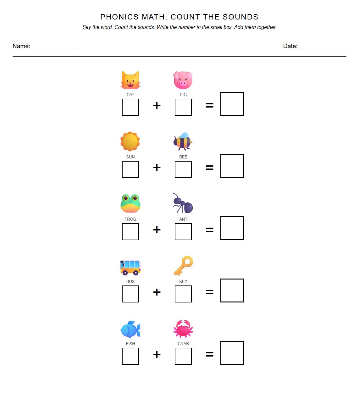 Phonics Segmentation Addition Worksheet