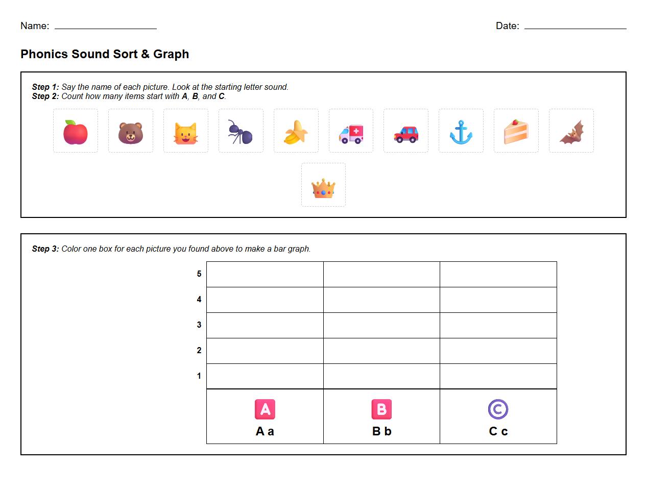 Phonics Sound Sorting and Bar Graph Activity Sheet