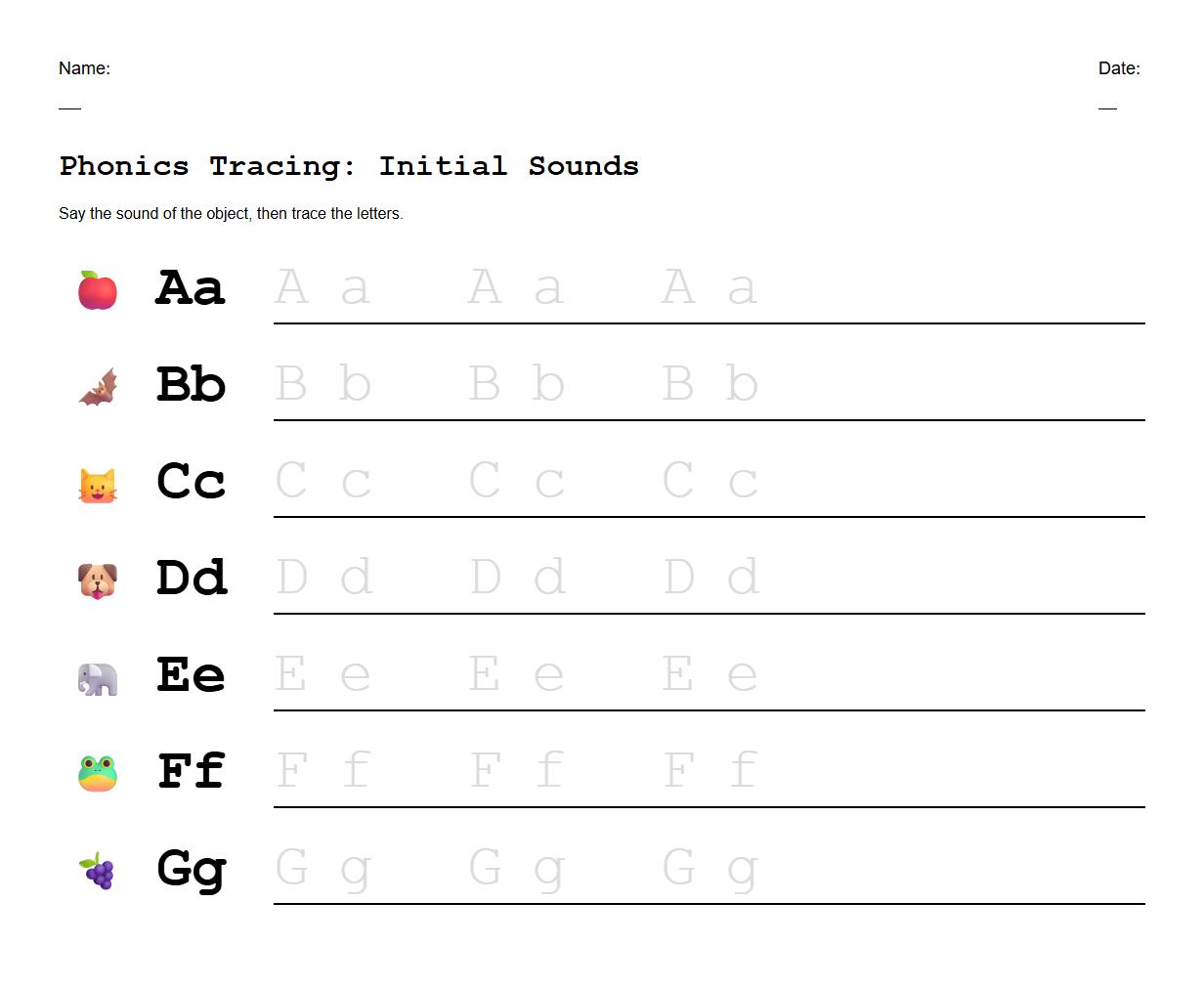 Phonics Tracing Worksheet for Initial Sound Recognition