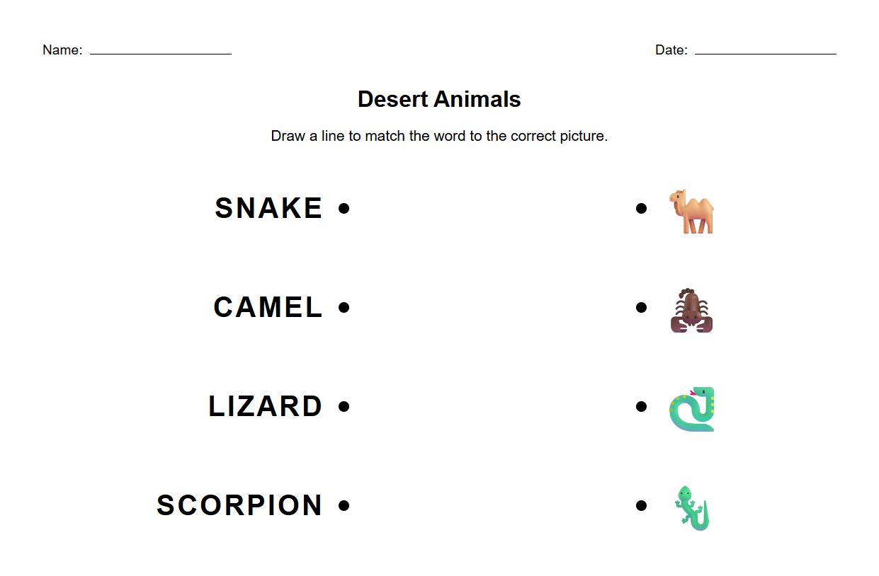 Phonics worksheet connecting desert animal names to their pictures