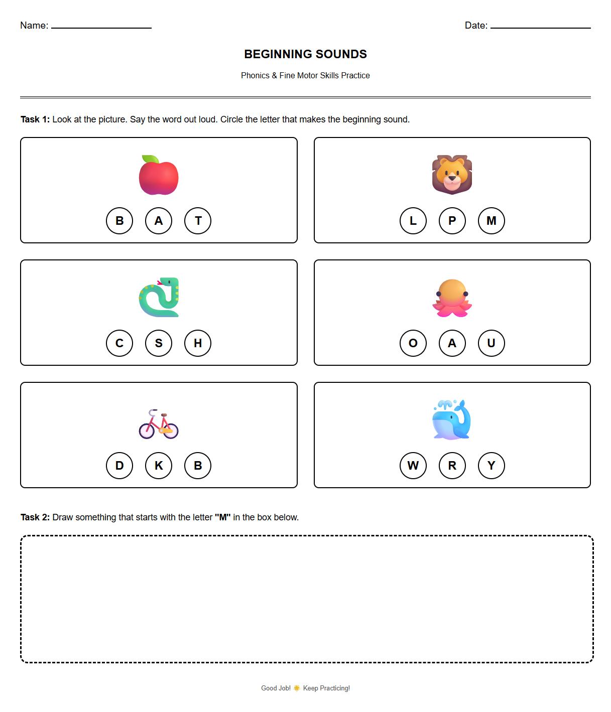 Phonics Worksheet for Identifying Beginning Sounds with Simple Instructions