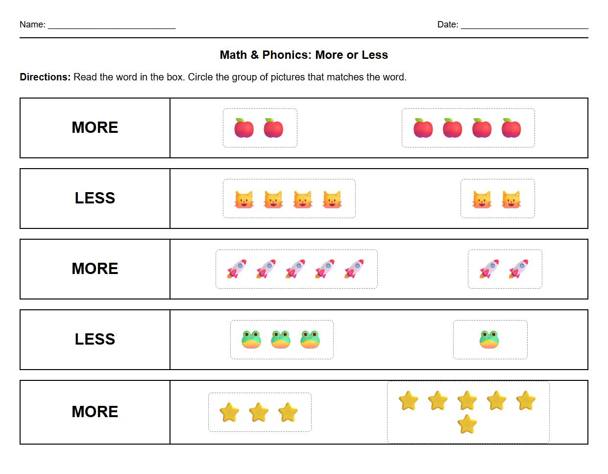 Phonics Worksheet for Matching Words to More or Less Pictures