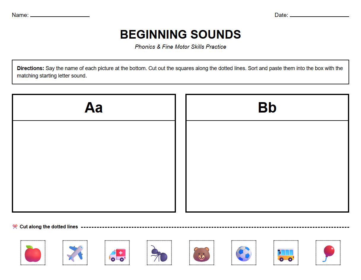 Phonics Worksheet for Sorting Letter Sounds by Following Instructions