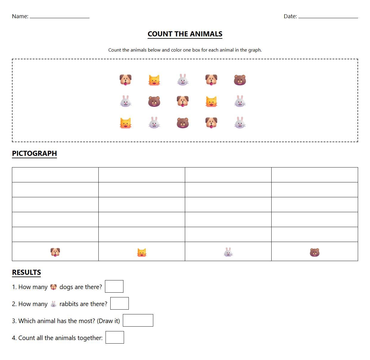 Pictograph worksheet with animal counting and symbol representation