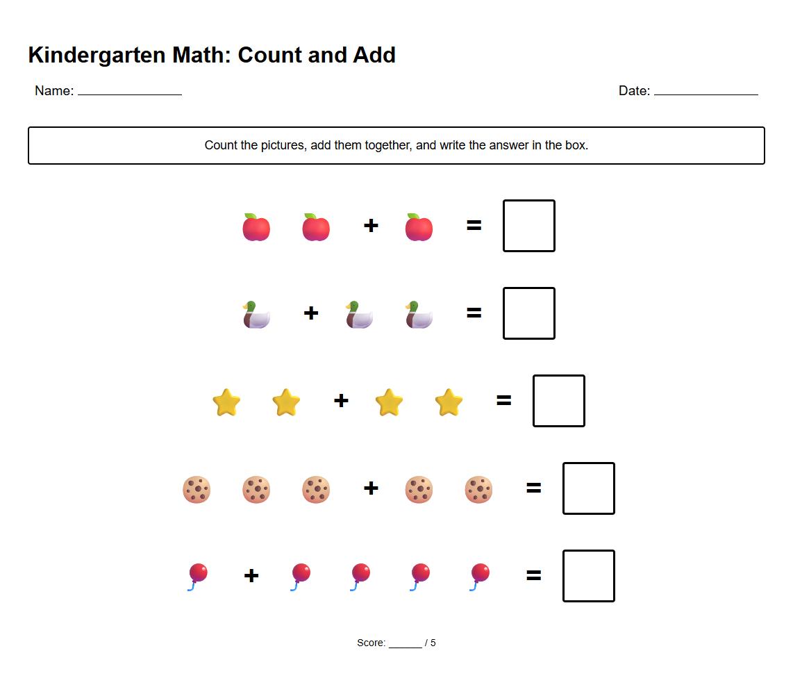 Picture-Based Addition Problems Using Counters Worksheet