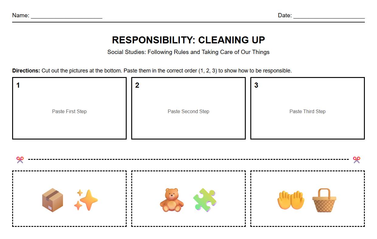 Picture Sequencing worksheet for discussing Rules and Responsibilities
