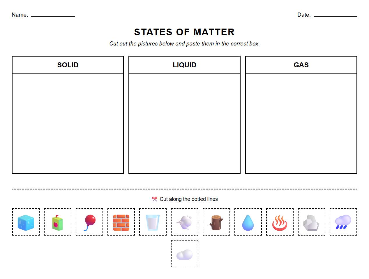 Picture Sorting Activity with Matter State Labels