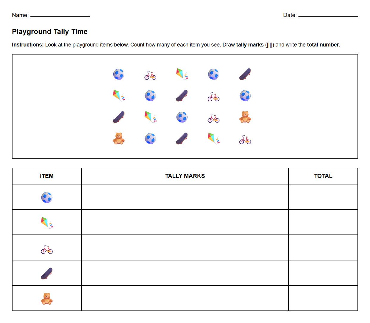 Playground Activities Data Tallying Worksheet