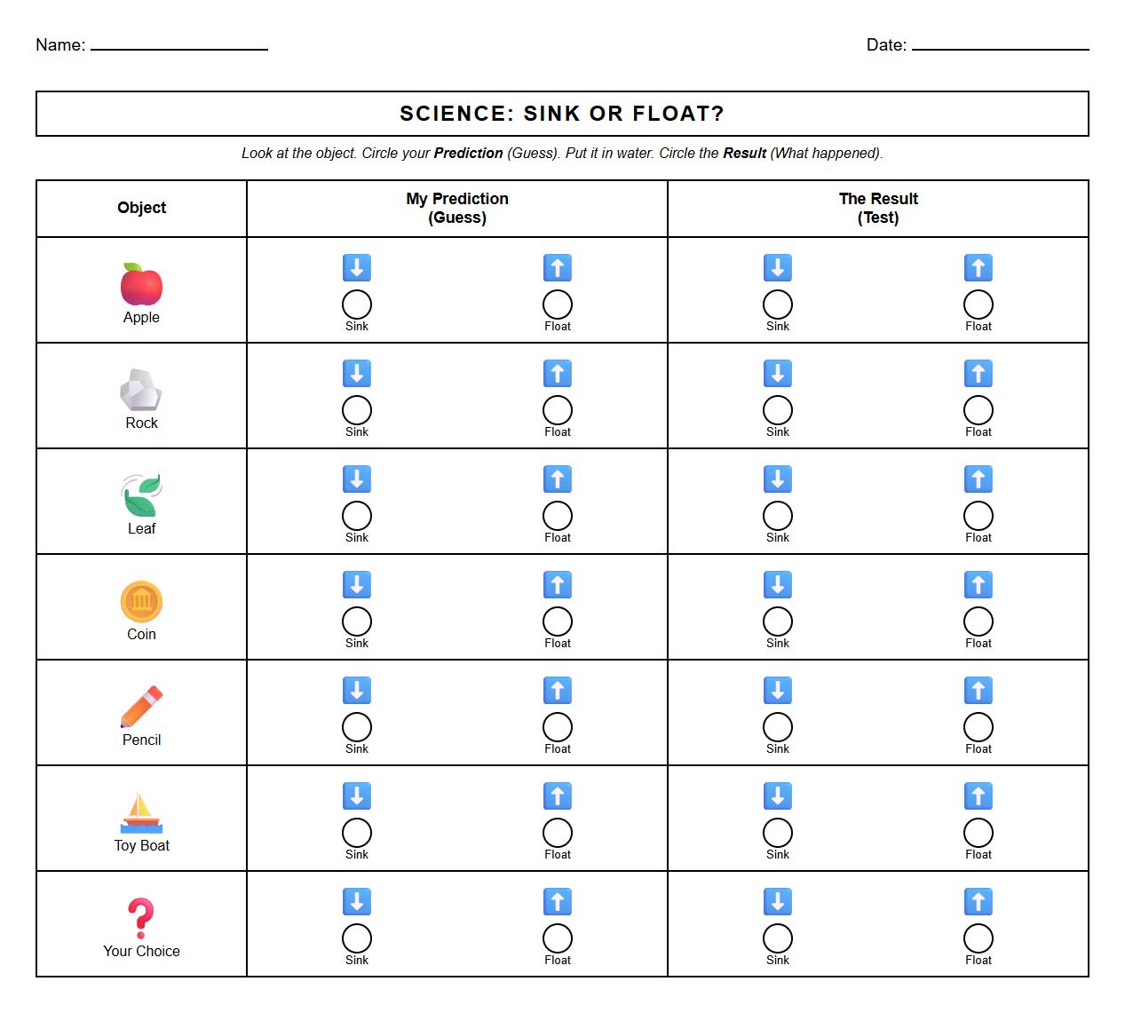 Prediction Recording Sheet for Buoyancy Experiment
