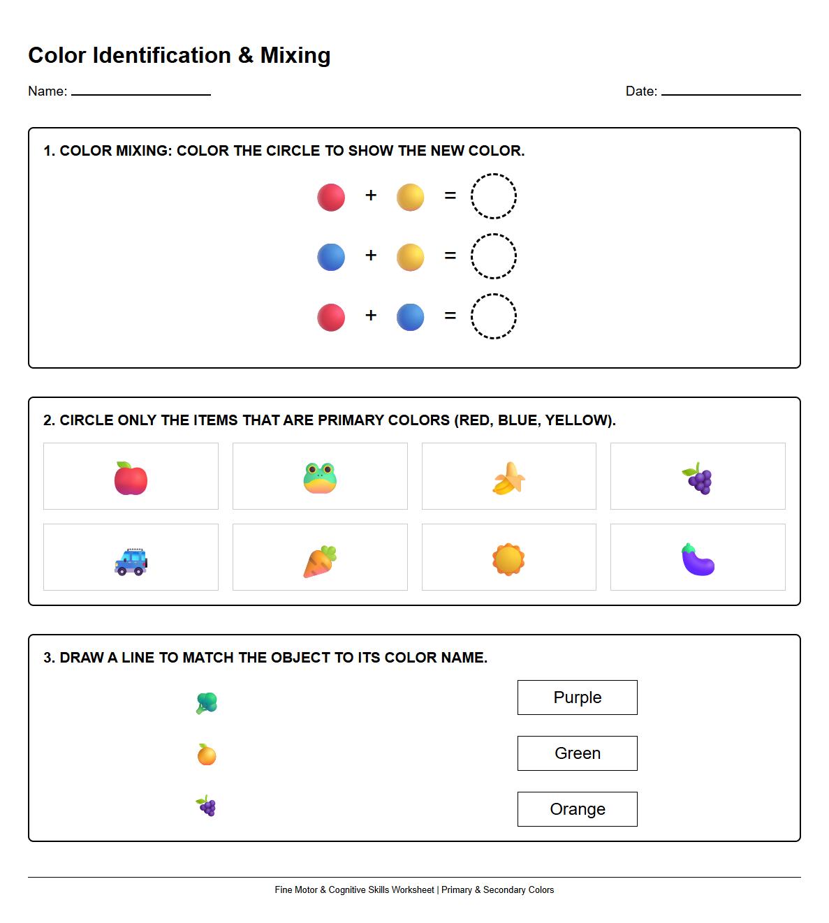 Primary and Secondary Colors Identification Worksheet