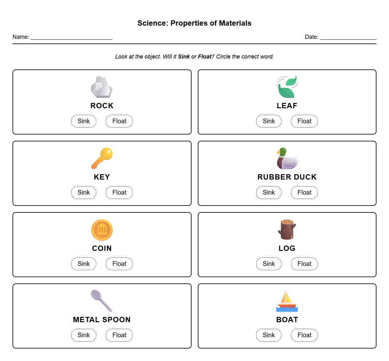 Properties of Materials Worksheet with Sink or Float Terms