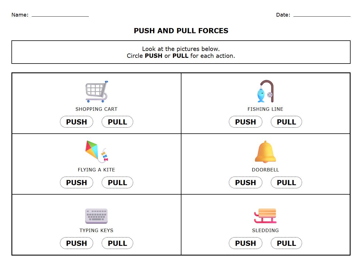 Push and Pull Forces Identification Worksheet