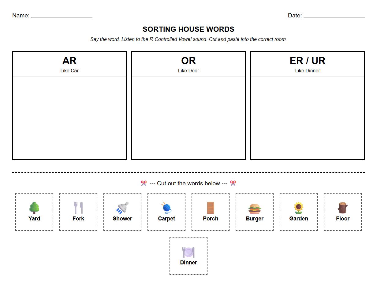 R Controlled Vowel Sorting Worksheet for Home and House Words