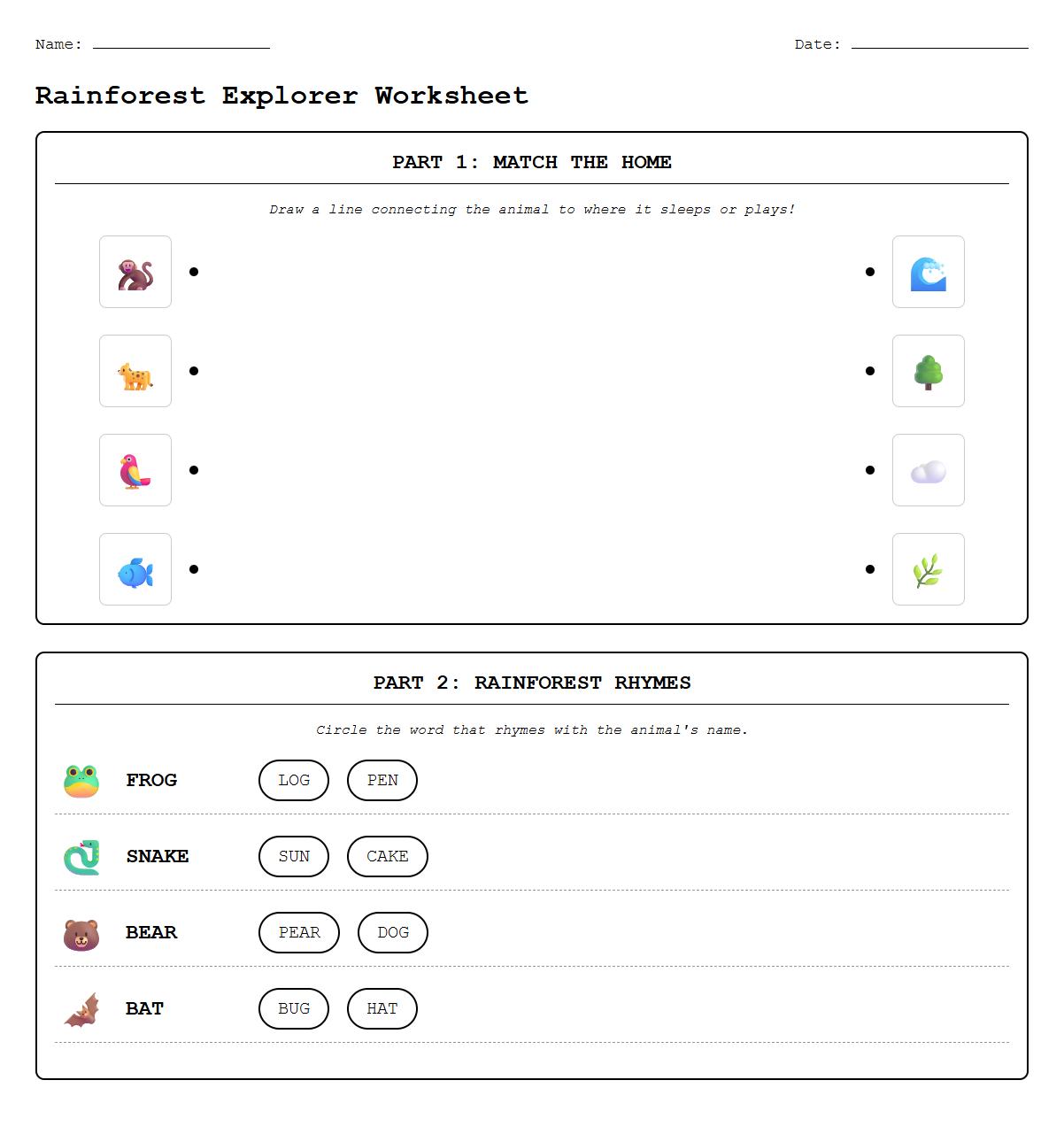 Rainforest Animal Habitat Matching Worksheet Including Rhyming Phonics Tasks