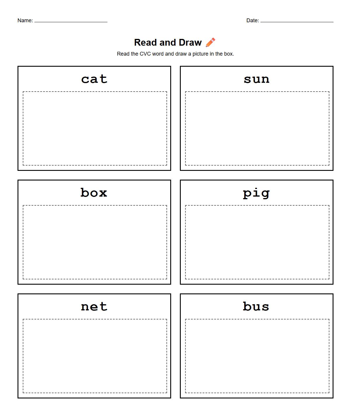 Read and Draw CVC Words Comprehension Worksheet