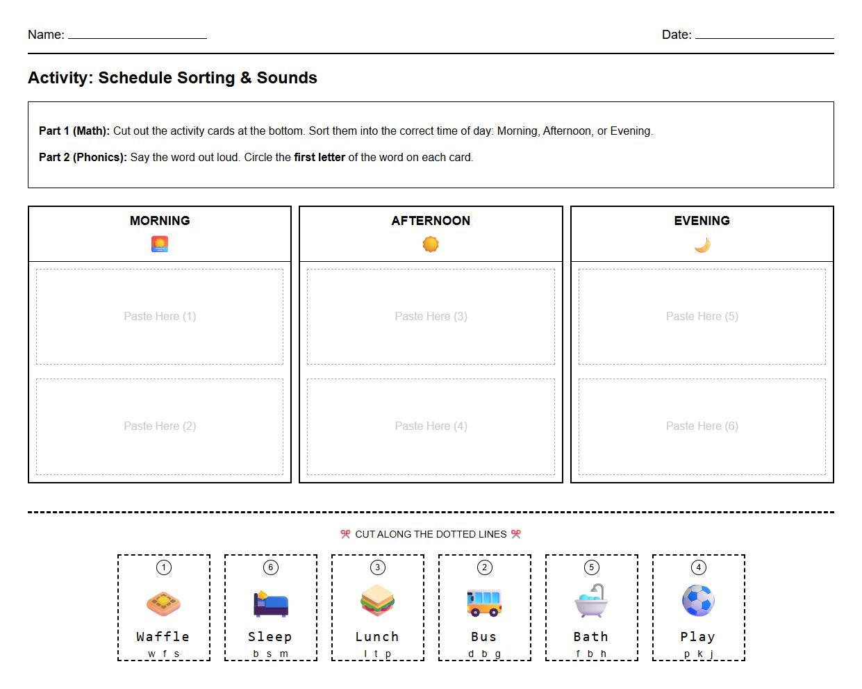 Real Life Schedule Sorting Phonics Practice