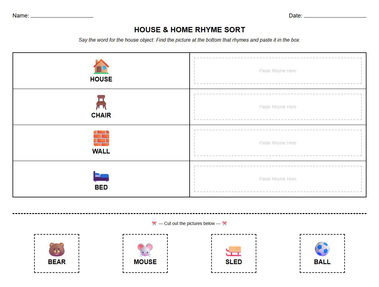 Rhyming Word Sort Worksheet with House and Home Vocabulary