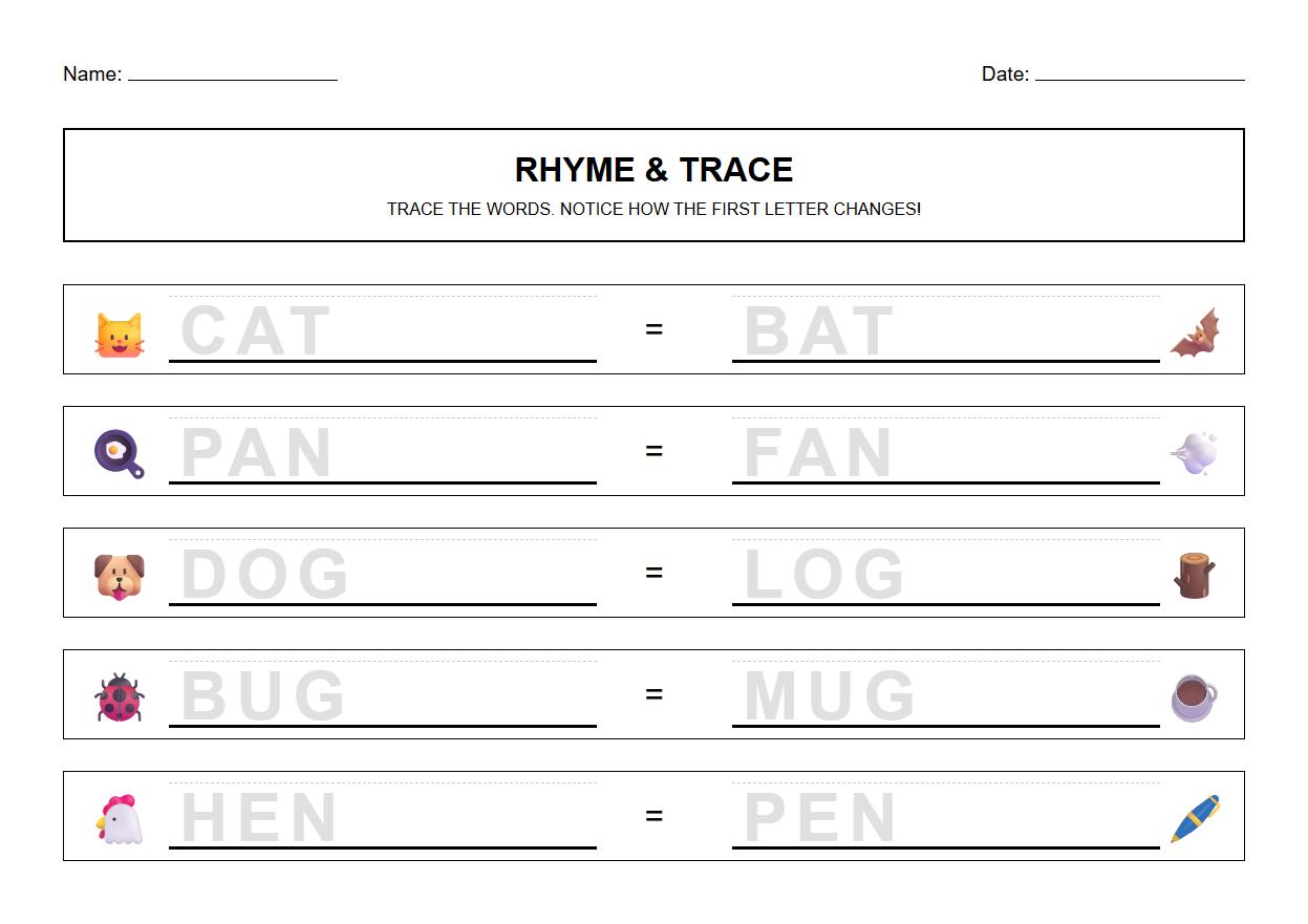 Rhyming word tracing worksheet focused on initial alphabet phonemes