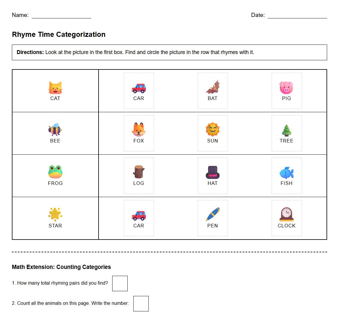 Rhyming Words Categorization Sheet