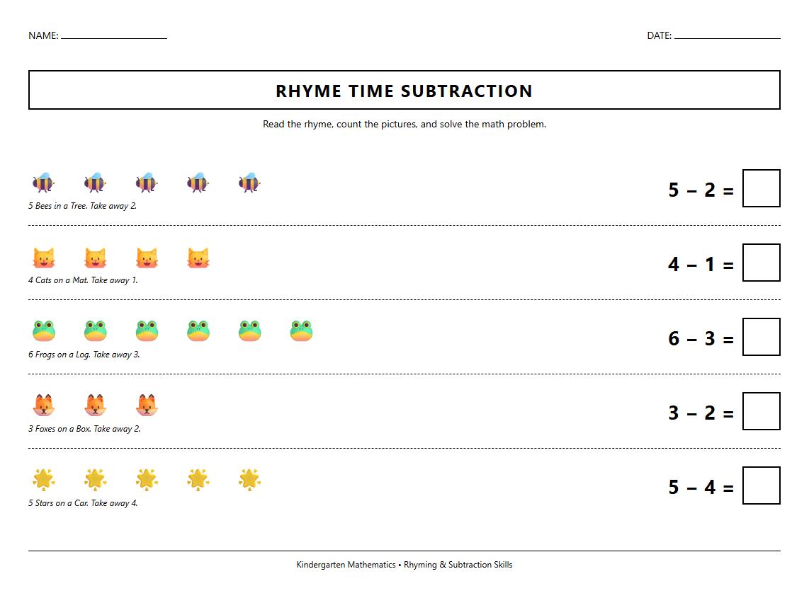 Rhyming Words Subtraction Practice Sheet