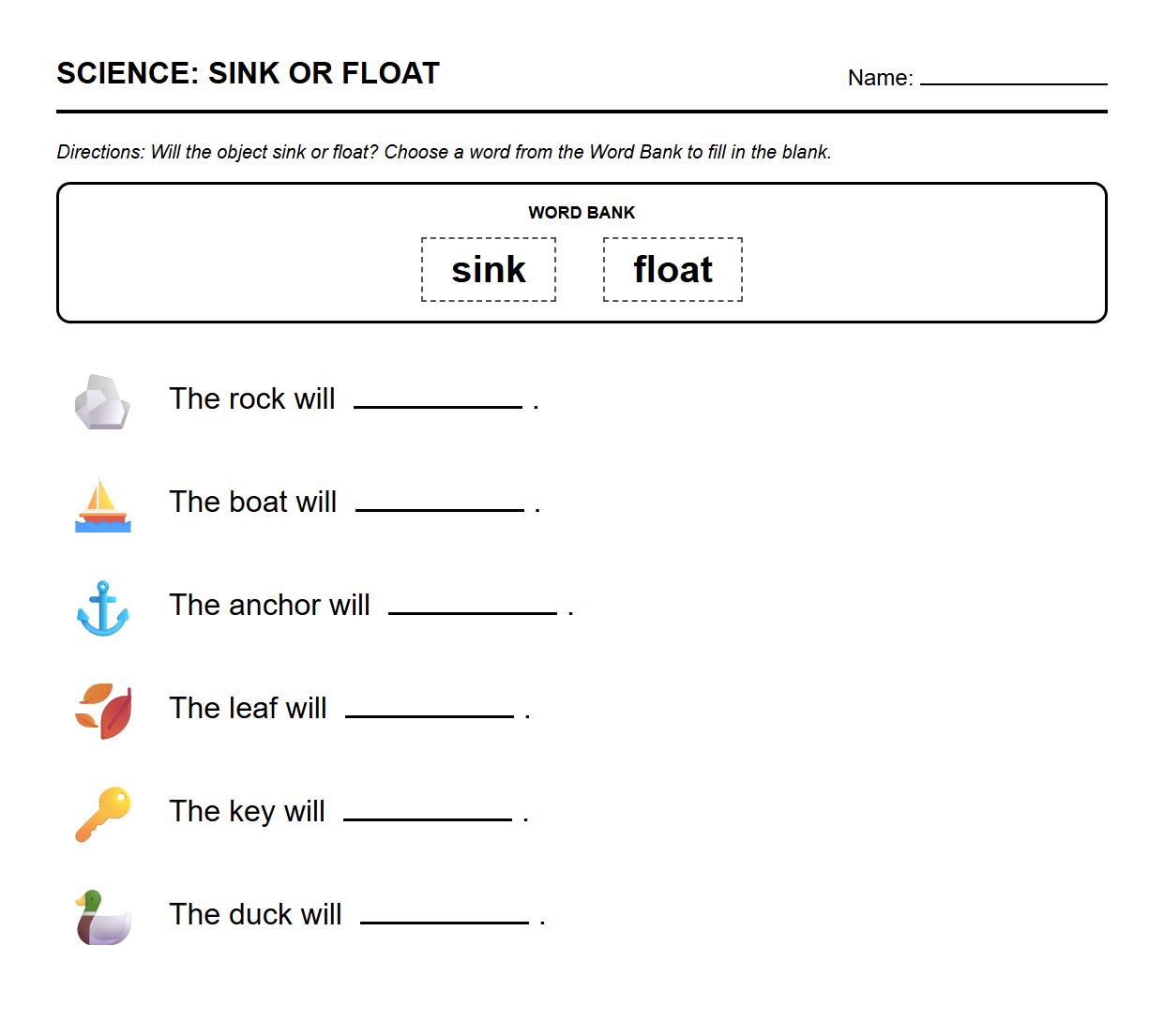 Science Word Bank Fill in the Blank for Sink or Float