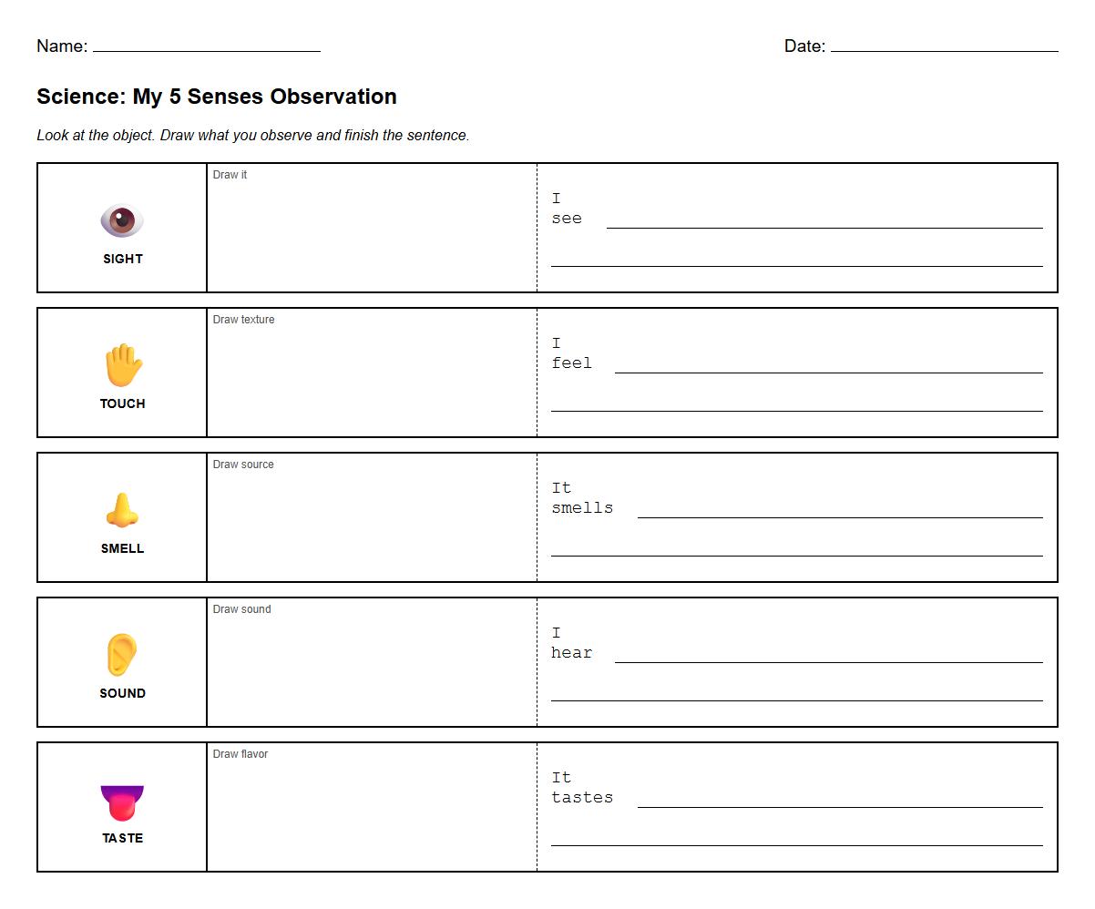 Sensory Observation Chart with Descriptive Writing Prompts