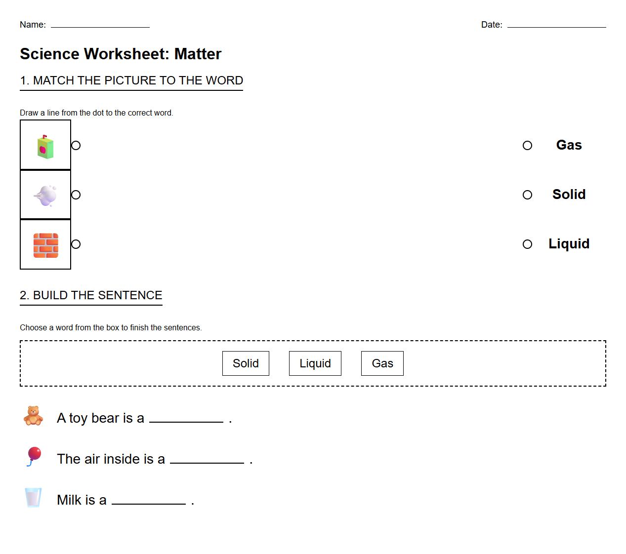 Sentence building worksheet about solids liquids and gases with object matching