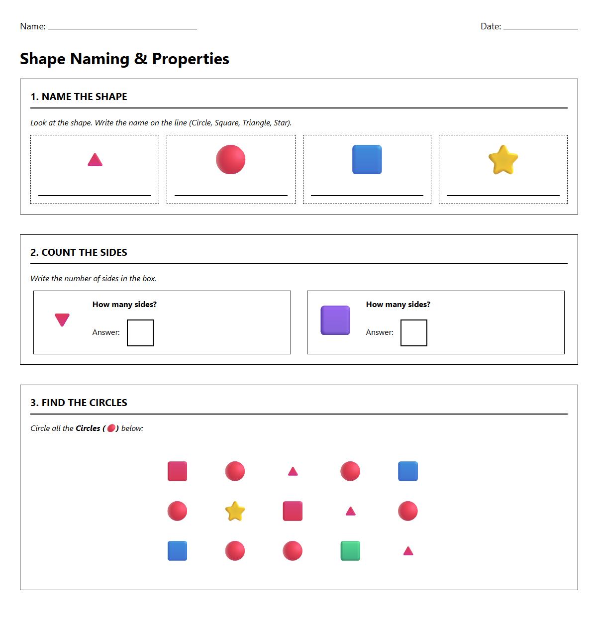 Shape Naming and Properties Worksheet for Visual Recognition