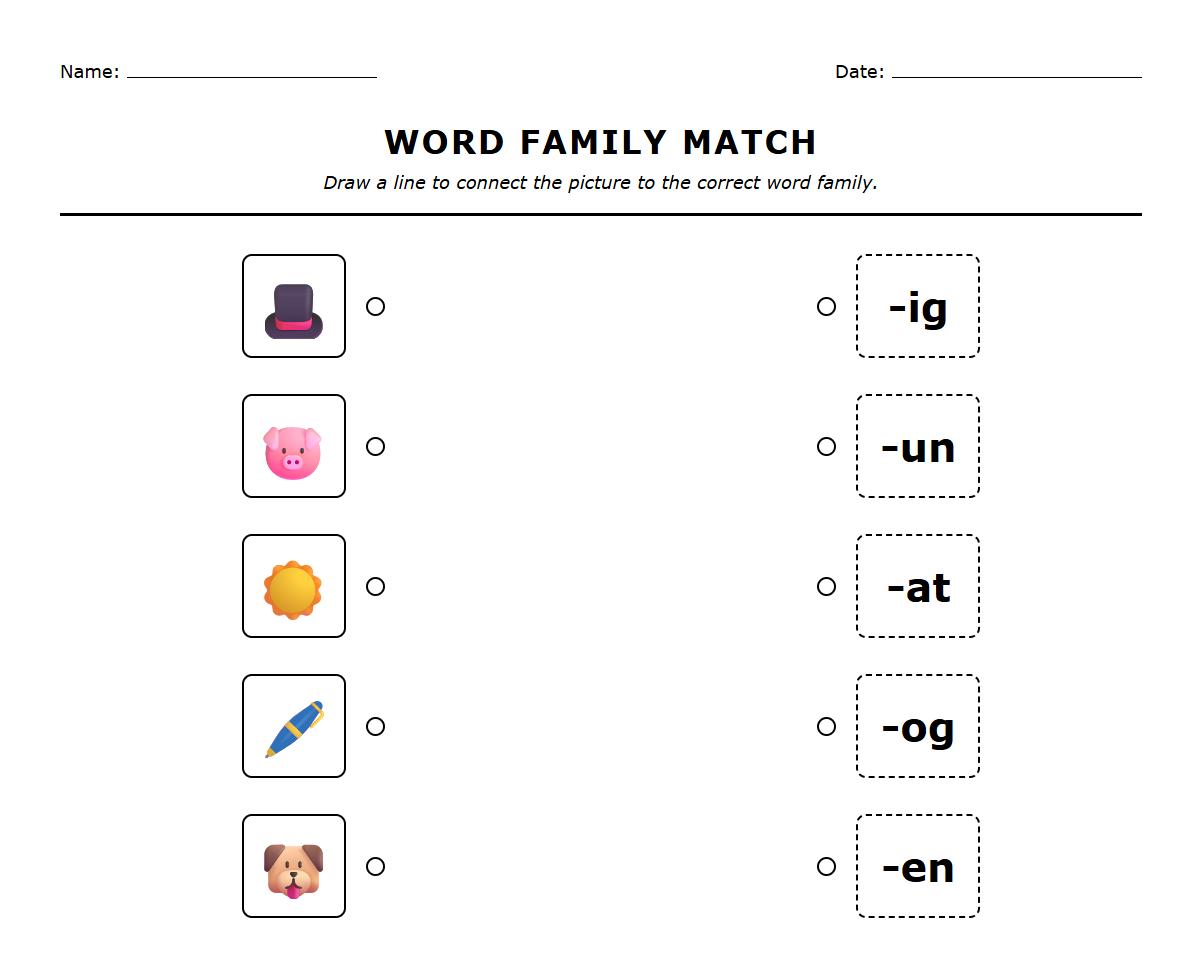 Short Vowel Word Family Matching with Pictures Worksheet