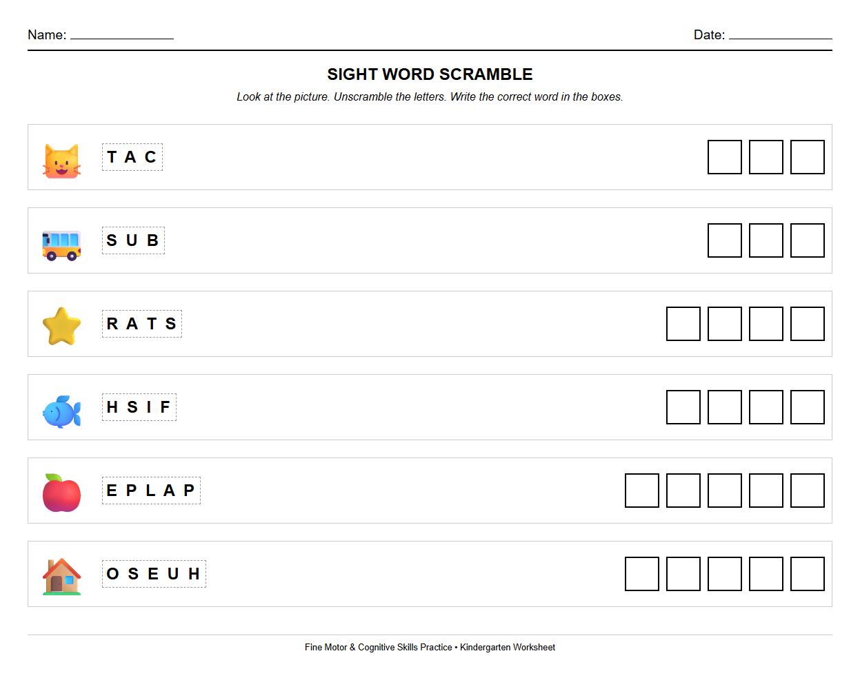 Sight Word Letter Scramble Puzzle Exercise