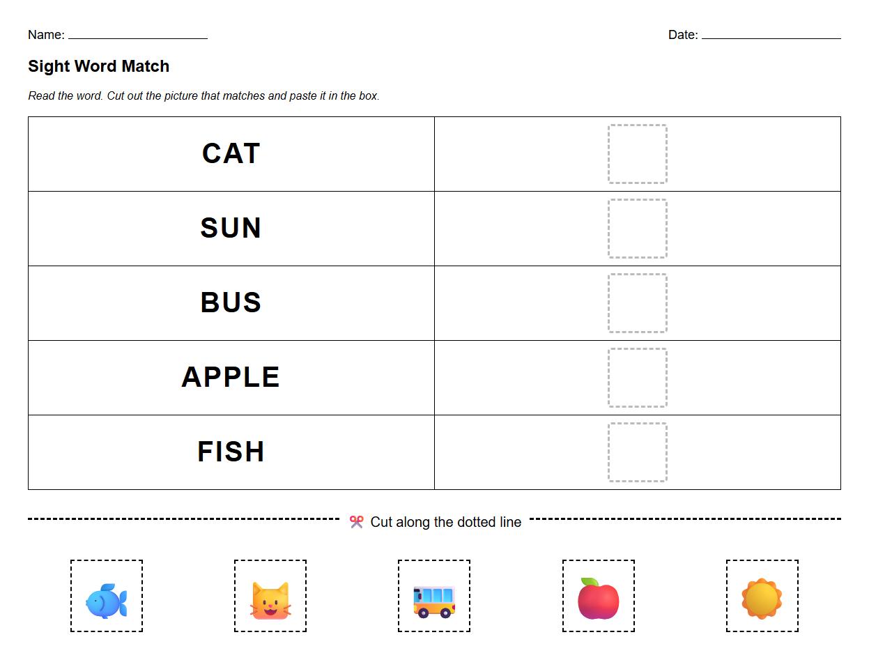 Sight Word Phonics Matching Cut and Paste