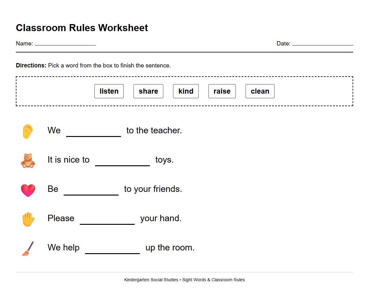 Sight Word Recognition Worksheet with Classroom Rules Using Fill in the Blanks Format