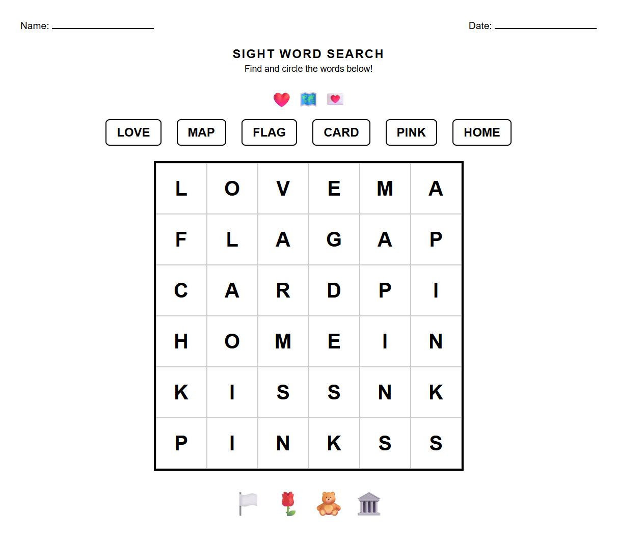 Sight Word Search Using Valentines Day Terms and High Frequency Words
