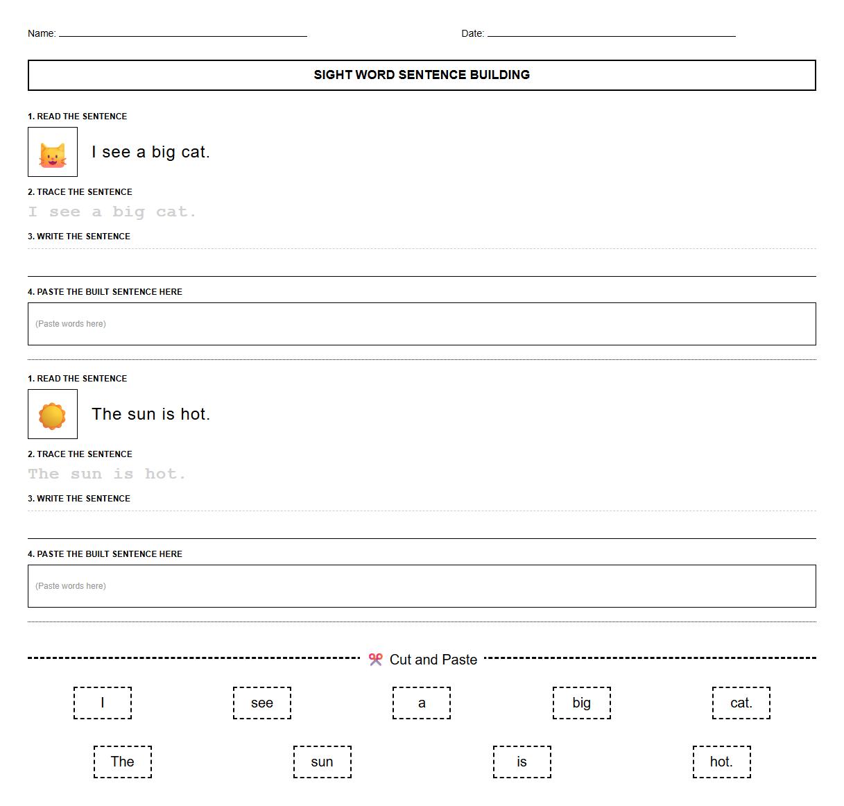 Sight Word Sentence Building Phonics Worksheet
