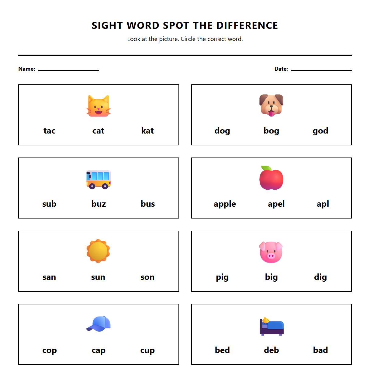 Sight word Spot the Difference worksheet with basic vocabulary
