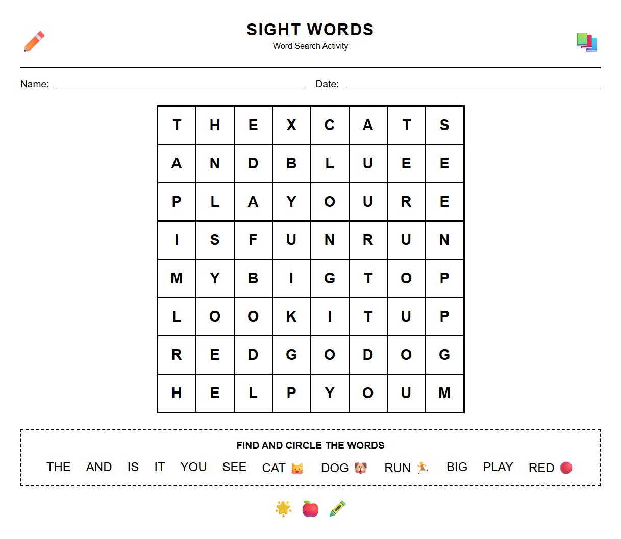 Sight Words Word Search for Cognitive Reinforcement