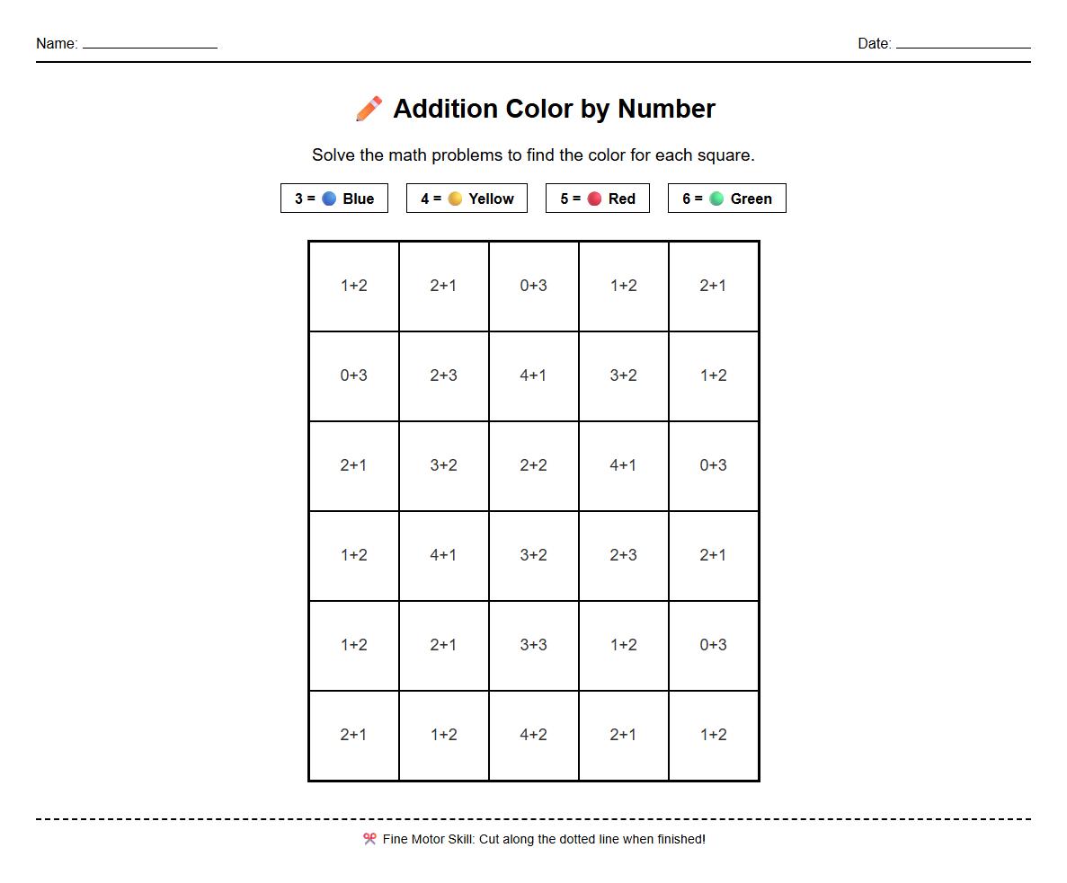 Simple Addition Color by Number Fine Motor Sheet