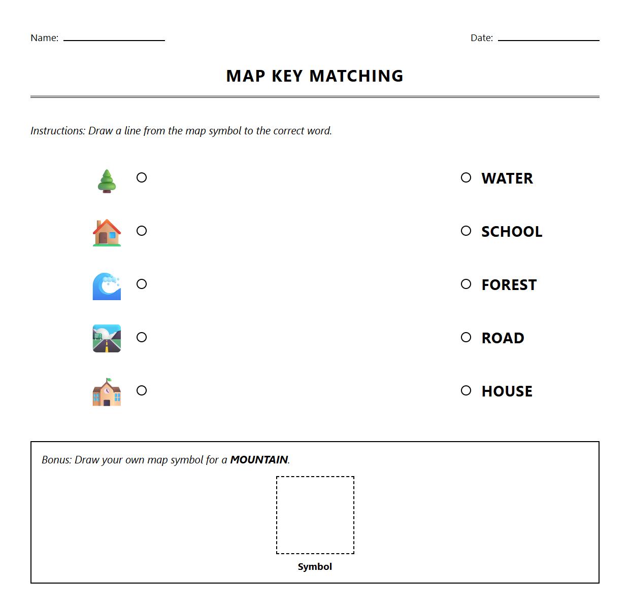 Simple Map Legend and Key Matching Worksheet